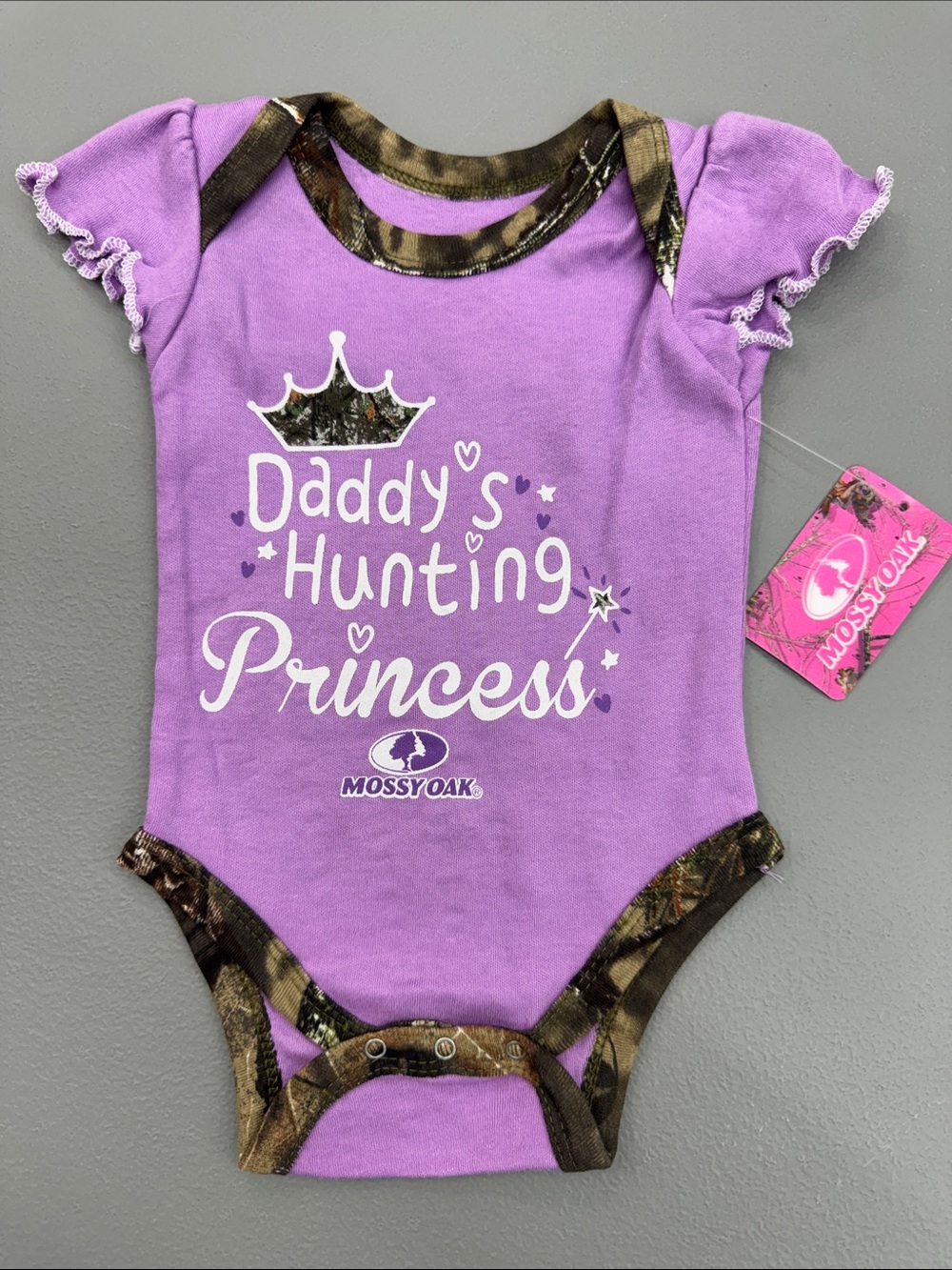 Mossy Oak Lavender Baby Onesie with Camo Trim